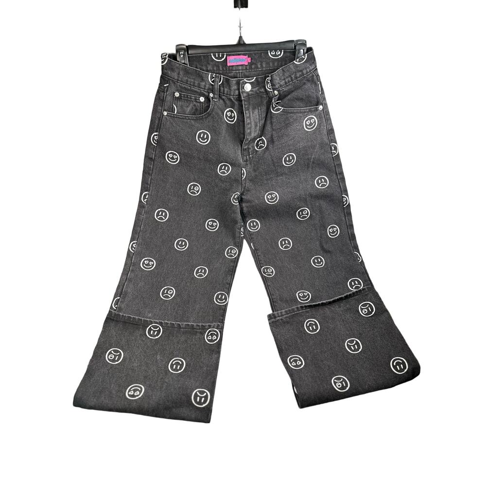 Dolls Kill Edikted NWOT Moody Wide Leg Jeans Black/White Medium Emoji Pants